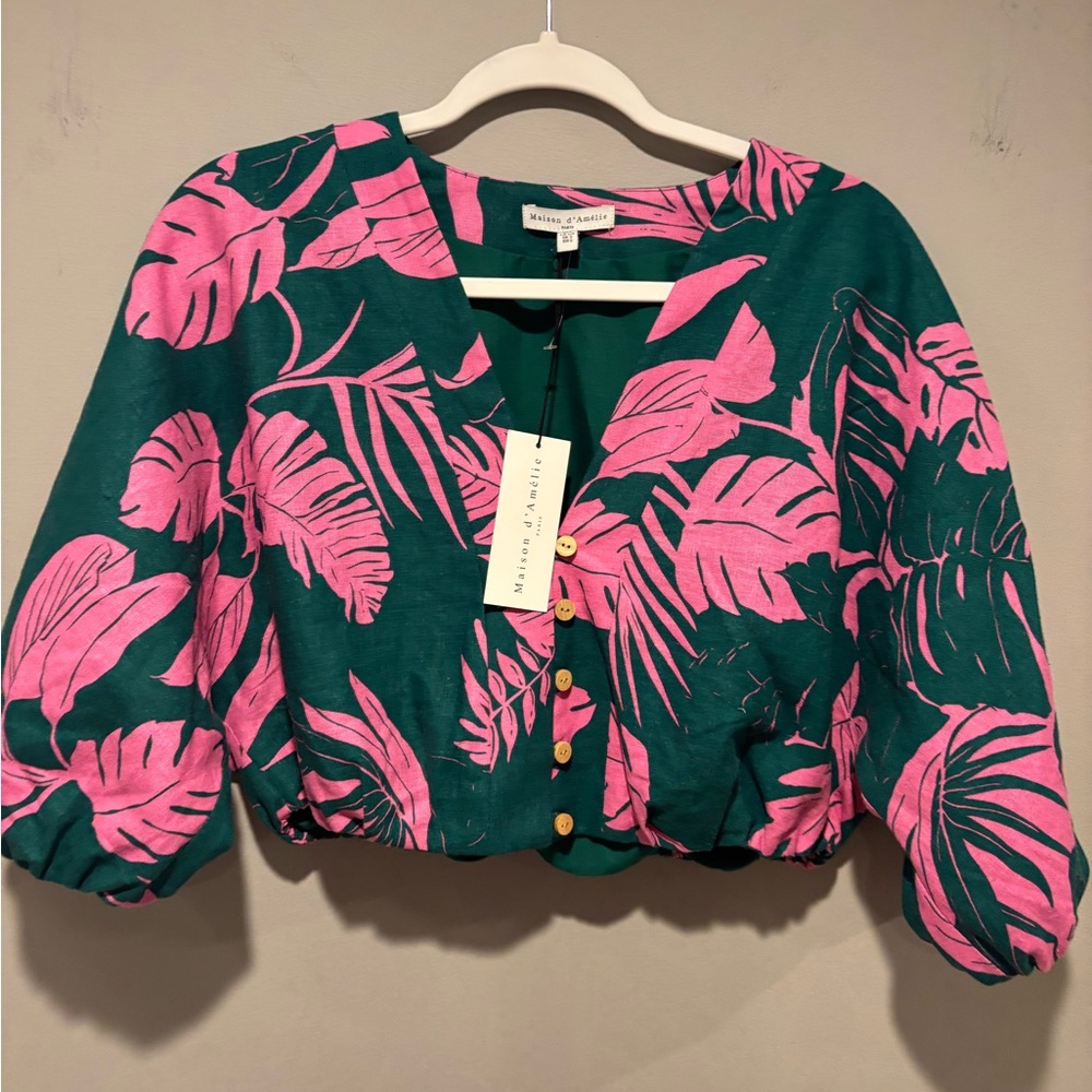 Women's Pink and Green Floral Cropped Top Perfect for warm vacation Small NWT